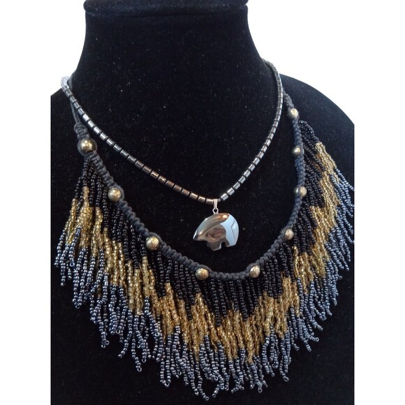 Tribal Glass Wood Hematite 3 Piece Necklace and Bracelet Jewelry Lot Bundle Deal - Picture 1 of 12